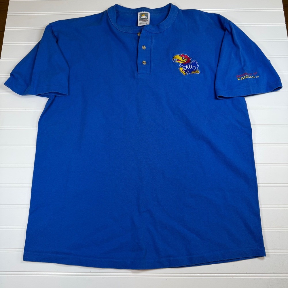Vintage University of Kansas Jayhawks Henley Shirt Blue Cotton Deluxe Mens L USA